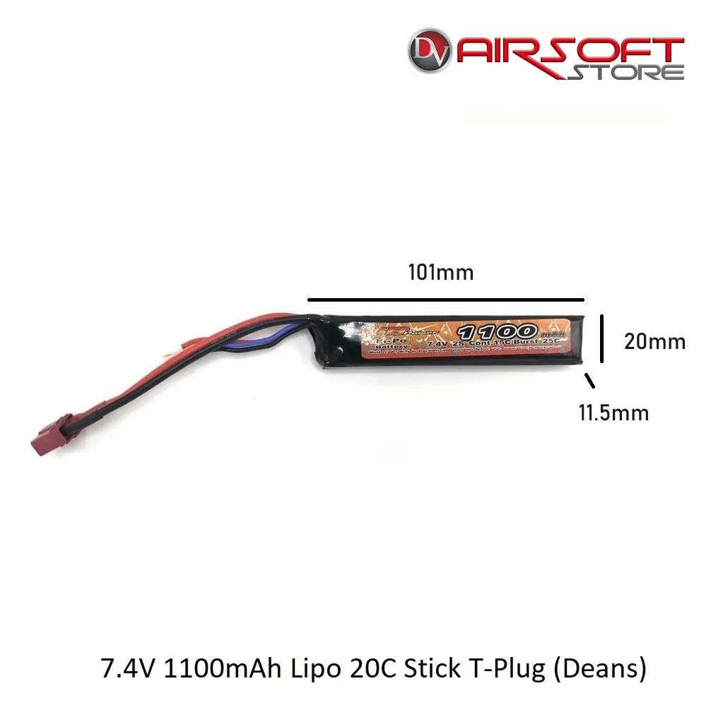 [2100000022700] 7.4V 1100mAh Lipo 20C Stick T-Plug (Deans)